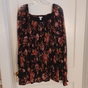 Floral Long Sleeve Blouse Size 22w-24w Sheer Sleeves